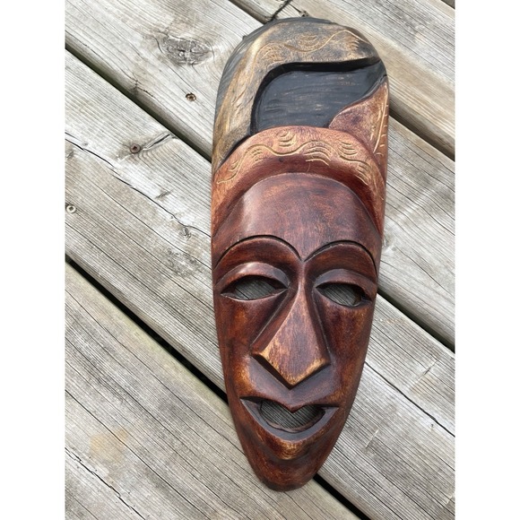 African Style Set Of Wood Face Mask Hand Carved Tribal Rustic - Picture 5 of 16